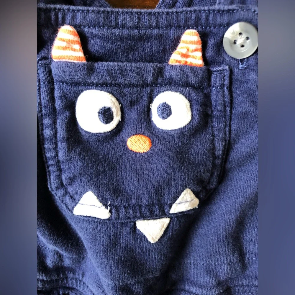 4/$20 Carters Navy Blue Monster Halloween Overalls Shorts Sz 12 Mo